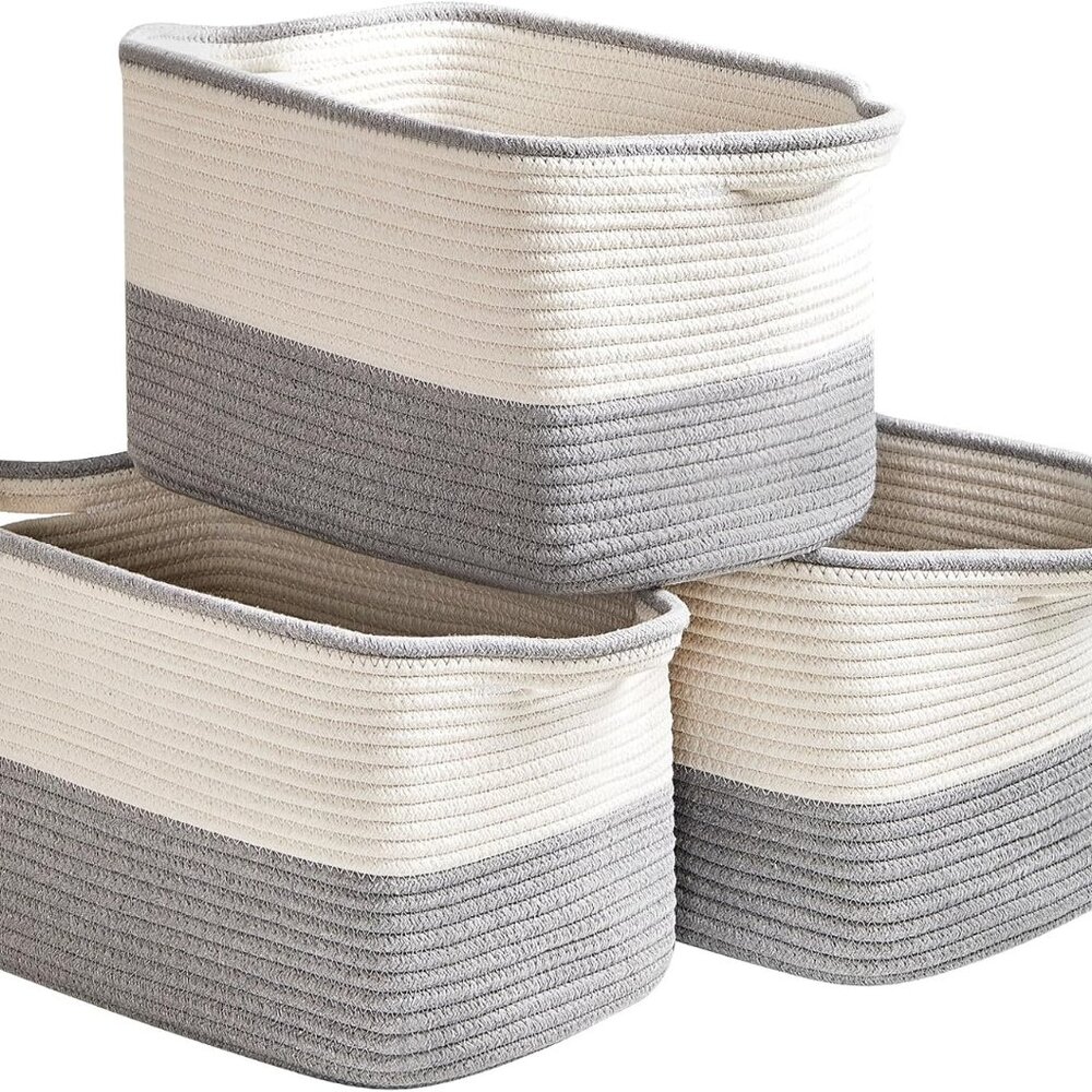 Cotton Rope Storage Basket Set Of 3 15"X10.2"X9.1" - Rectangle Storage Bins - Ve
